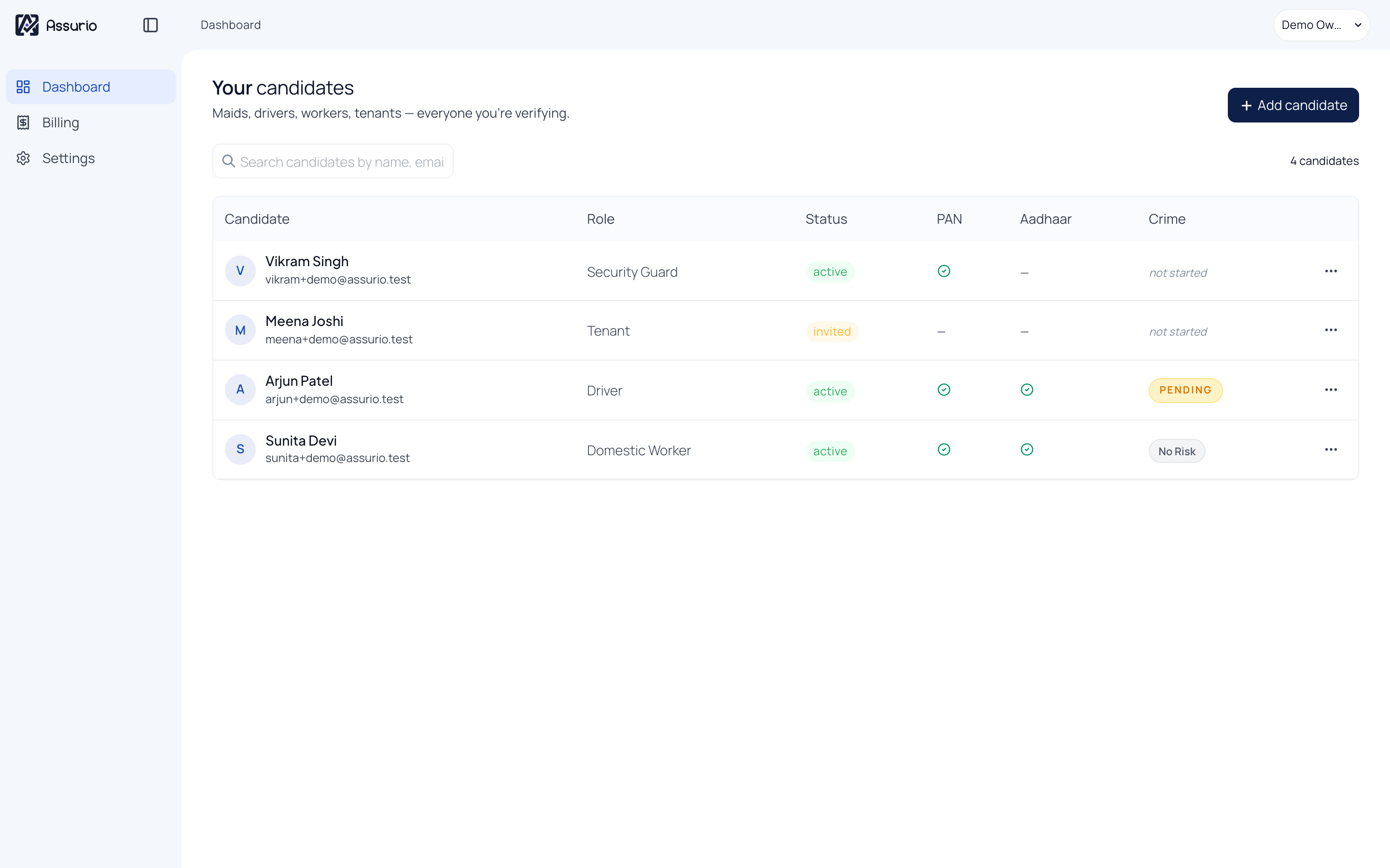 Assurio client dashboard listing candidates